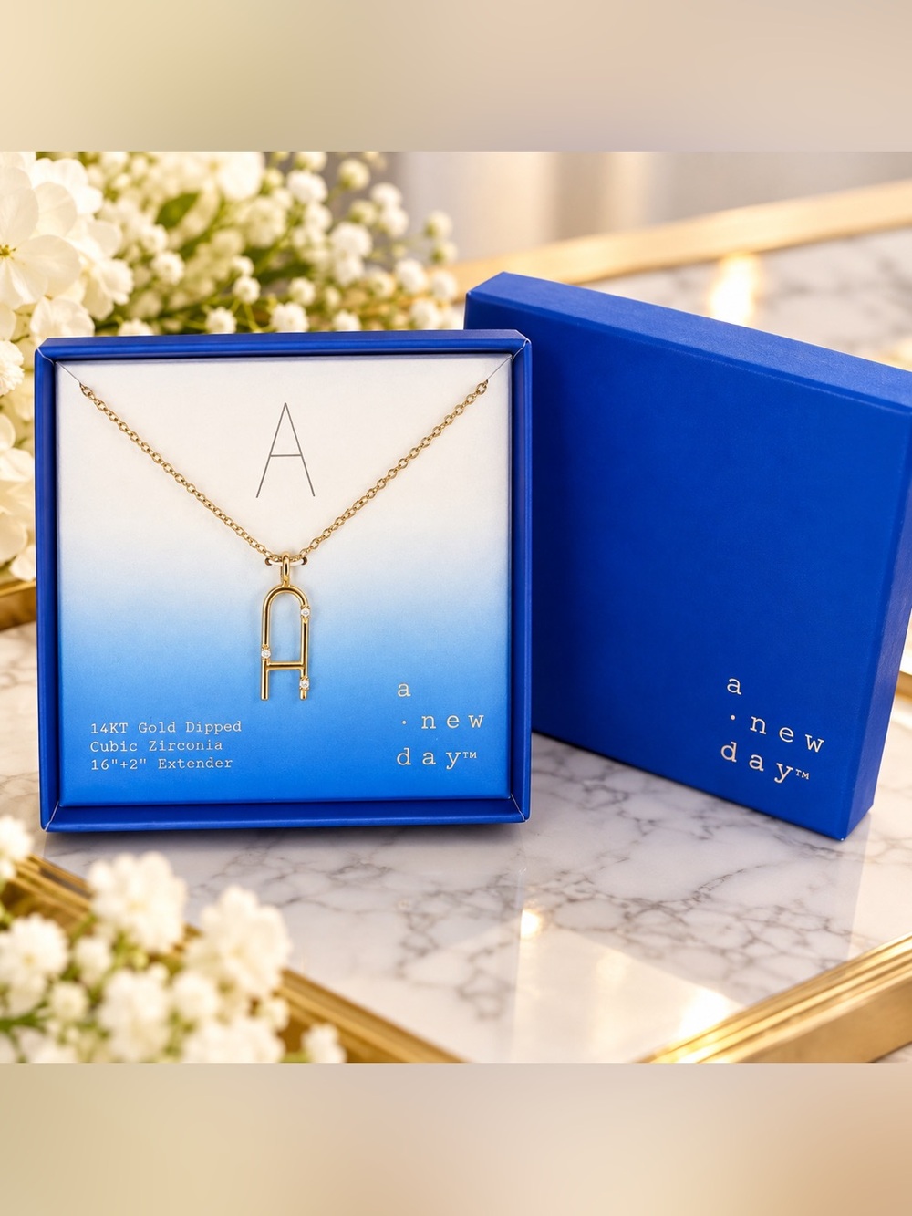 A New Day 14KT Gold Dipped CZ Pendant Necklace – NWT – Blue Gift Box